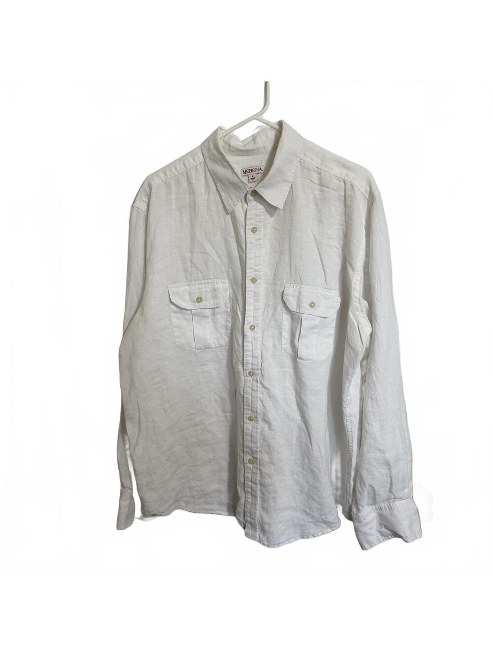 Coastal Boho White 100% Linen Long/Roll Sleeve Button Down Shirt Women's Size L